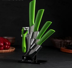 Набор керамических ножей на подставке салатовый: ножей 7,5 см, 10,5 см, 12,5 см, 15 см,овощечистка