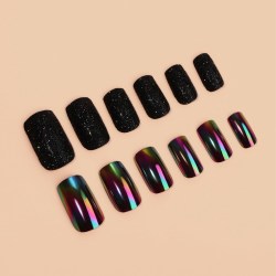 Накладные ногти «Ночь», 12 шт, с блёстками и голографией, с клеевыми пластинами, форма мягкий квадра