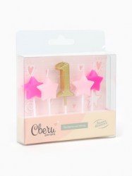 Свечи для торта 1-ый День Рождения Девочки, золото/розовый, 2.5×3.5 + 4 см,