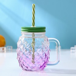 Банка с ручкой, крышкой и трубочкой Ананас, 500 мл, 12,5×9,5×13 см, цвет МИКС