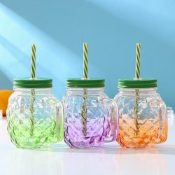 Банка с ручкой, крышкой и трубочкой Ананас, 500 мл, 12,5×9,5×13 см, цвет МИКС