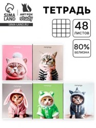 Тетрадь в клетку, 48 л., А5, на скрепке, блок №2 Котики МИКС