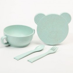 Набор детской ЭКО посуды: Миска с крышкой, ложка и вилка, цвет зелёный
