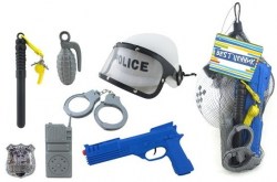 Набор полицейского (8 предметов) каска рация граната наручники пистолет свисток дубинка значок