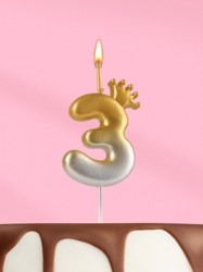 Свеча в торт С короной, цифра 3, золото - серебро