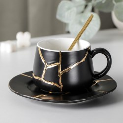 Чайная пара Кракле черный с золотым чашка блюдце ложка