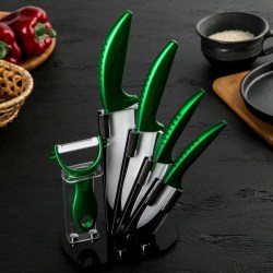 Набор керамических ножей: 4 ножа 7,5/10/13/15 см, овощечистка на подставке "Сочная зелень" 
