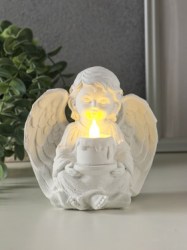 Сувенир полистоун свет Белоснежный ангел с тортом 12см