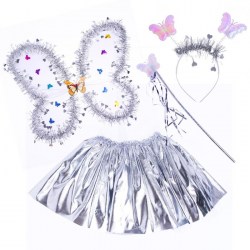 Карнавальный набор Бабочка 4 предмета: юбка, крылья, ободок, жезл, цвет серебряный