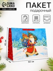 Пакет подарочный новогодний ламинированный Дед мороз спешит в гости 50×40×25 см