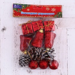 Ёлочные игрушки, пластик, набор 12 шт "Сочельник" (3 шишки, 3 подарка, 3 шара, 3 колокольчиков) МИКС