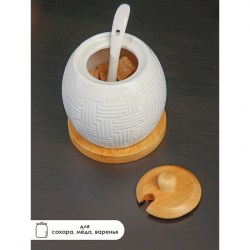 Сахарница круглая с ложкой на деревянной подставке