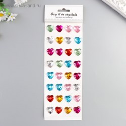 Наклейка пластик стразы "Сердечки разноцветные кристаллы" МИКС 32х10,5 см 