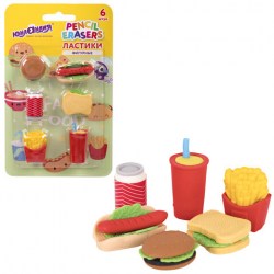 Ластики фигурные ЮНЛАНДИЯ "Фастфуд", НАБОР 6 штук, блистер
