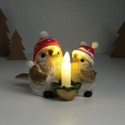 Фигурка светящаяся полистоун Птички в шапках со снежинками сидят у свечи 15.5×12.5×10.2 см