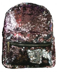 Рюкзак с пайетками (спинка и лямки - кожзам) 30х24х11см черный/розовый/бежевый;карманы:3 внешних и 