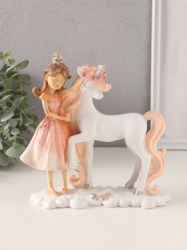 Сувенир полистоун Девочка-принцесса с единорогом персиково-розовый 17х7х17 см