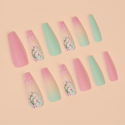 Накладные ногти «Сакура», 12 шт, с клеевыми пластинами, форма балерина, розовые, зелёные												