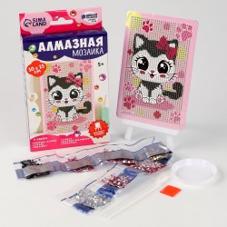 Алмазная мозаика с частичным заполнением на подставке для детей Милая кошечка, 10 х 15 см, 