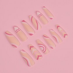 Накладные ногти «Грация», 12 шт, с клеевыми пластинами, форма балерина, бежевые, розовые												