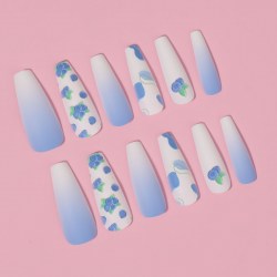 Накладные ногти «Черничка», 12 шт, с клеевыми пластинами, форма балерина, белые, голубые												
