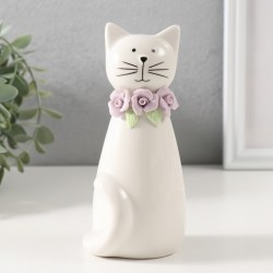 Фигурка керамика Котик белый сидящий с цветочным ошейником», 6.5×6.2×14.3 см