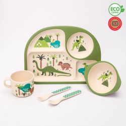 Набор бамбуковой посуды Динозавры, тарелка, миска, стакан, приборы, 5 предметов