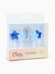 Свечи для торта 1-ый День Рождения Мальчика, серебро/голубой, 2.5×3.5 + 4 