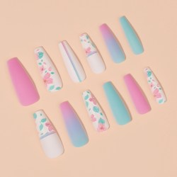 Накладные ногти «Цветочки», 12 шт, с клеевыми пластинами, форма балерина, разноцветные														
