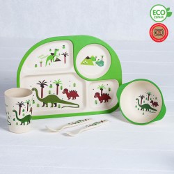 Набор детской посуды из бамбука Динозаврики 5 предм.: тарелка, миска, стакан, стол. приборы