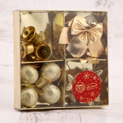 Ёлочные игрушки, пластик, набор 16 шт "Сюрприз" (4 колокол, 4 шара, 4 звезды, 4 банта) золото