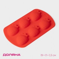 Форма для выпечки Клубника, силикон, 19×11×1,5 см, 6 ячеек (4×3,5 см), красная