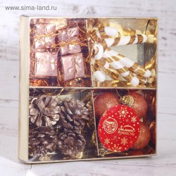 Ёлочные игрушки, пластик, набор 16 шт "Сюрприз" (4 подарка, 4 шишки, 4 шара, 4 палочки)