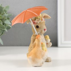 Статуэтка сувенир пасхальный заяц кролик, курочка, цыплята под зонтом 12 см