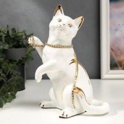 Сувенир керамика Белая кошечка с пояском с золотом, стразы 22,5 см