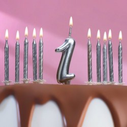 Набор свечей для торта (2 в 1) серебряная Цифра "1" + Свечи "С Днём Рождения" серебро 10шт 7150850		