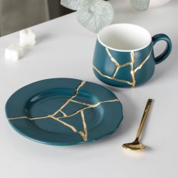 Чайная пара Кракле синий с золотым чашка блюдце ложка